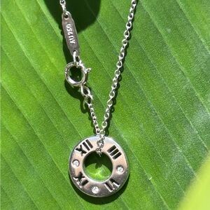 Retired Tiffany & Co. Atlas Circle Diamond Pendant Necklace 18K White Gold 16”